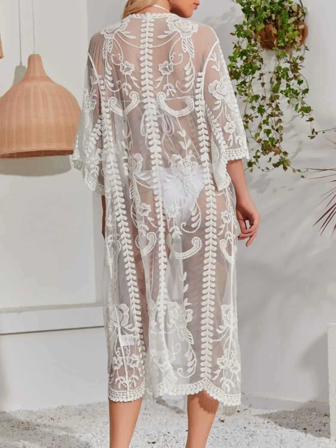 Lace Detail Open Front Longline Cover Up One Size