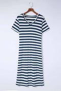 Striped V-Neck Short Sleeve Side Slit Dress - Southern Shores Clothing