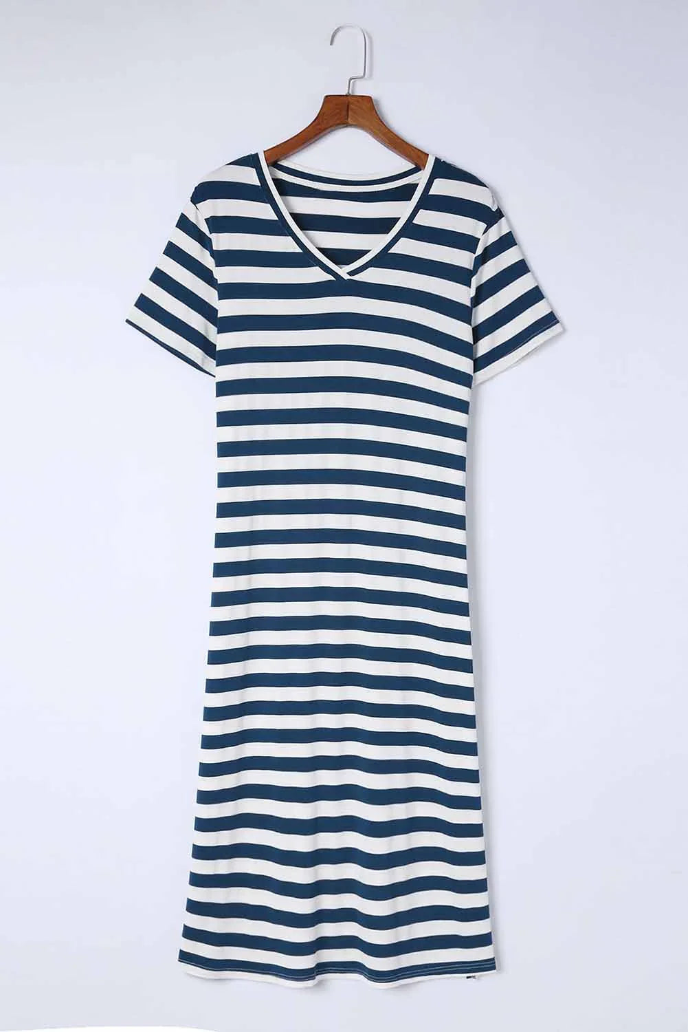 Striped V-Neck Short Sleeve Side Slit Dress - Southern Shores Clothing