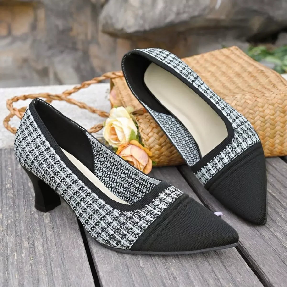 Point Toe Block Heel Pumps With Mesh Leather And Rubber - Southern Shores Clothing