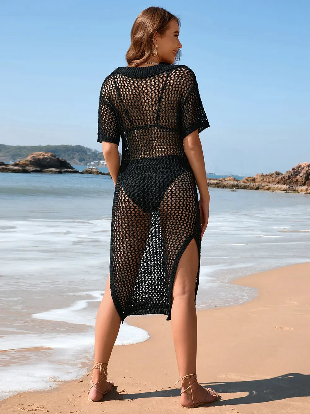 Slit Openwork Short Sleeve Beach Cover Up - Southern Shores Clothing