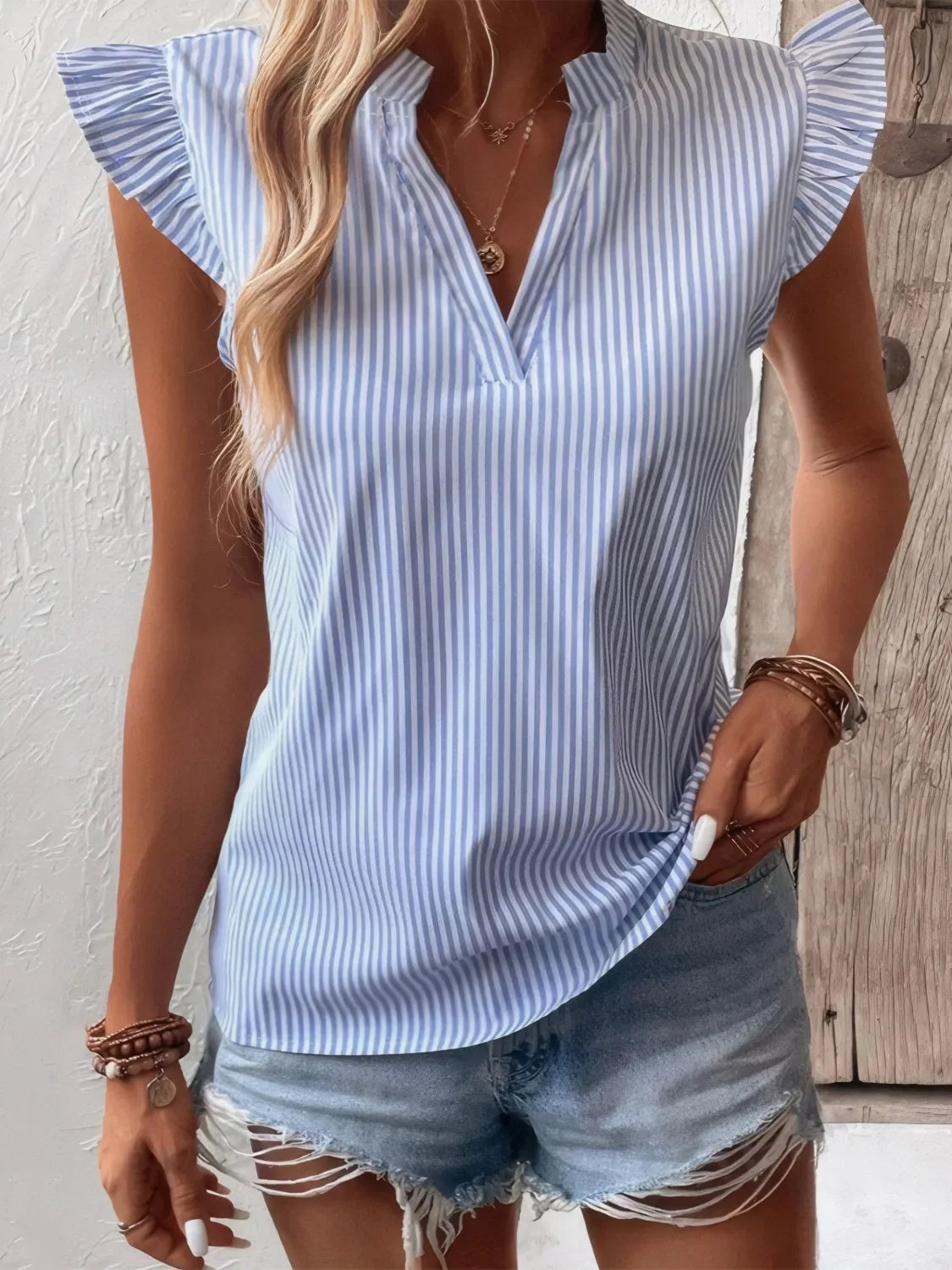 Striped Notched Cap Sleeve Blouse Polyester Top - Southern Shores Clothing