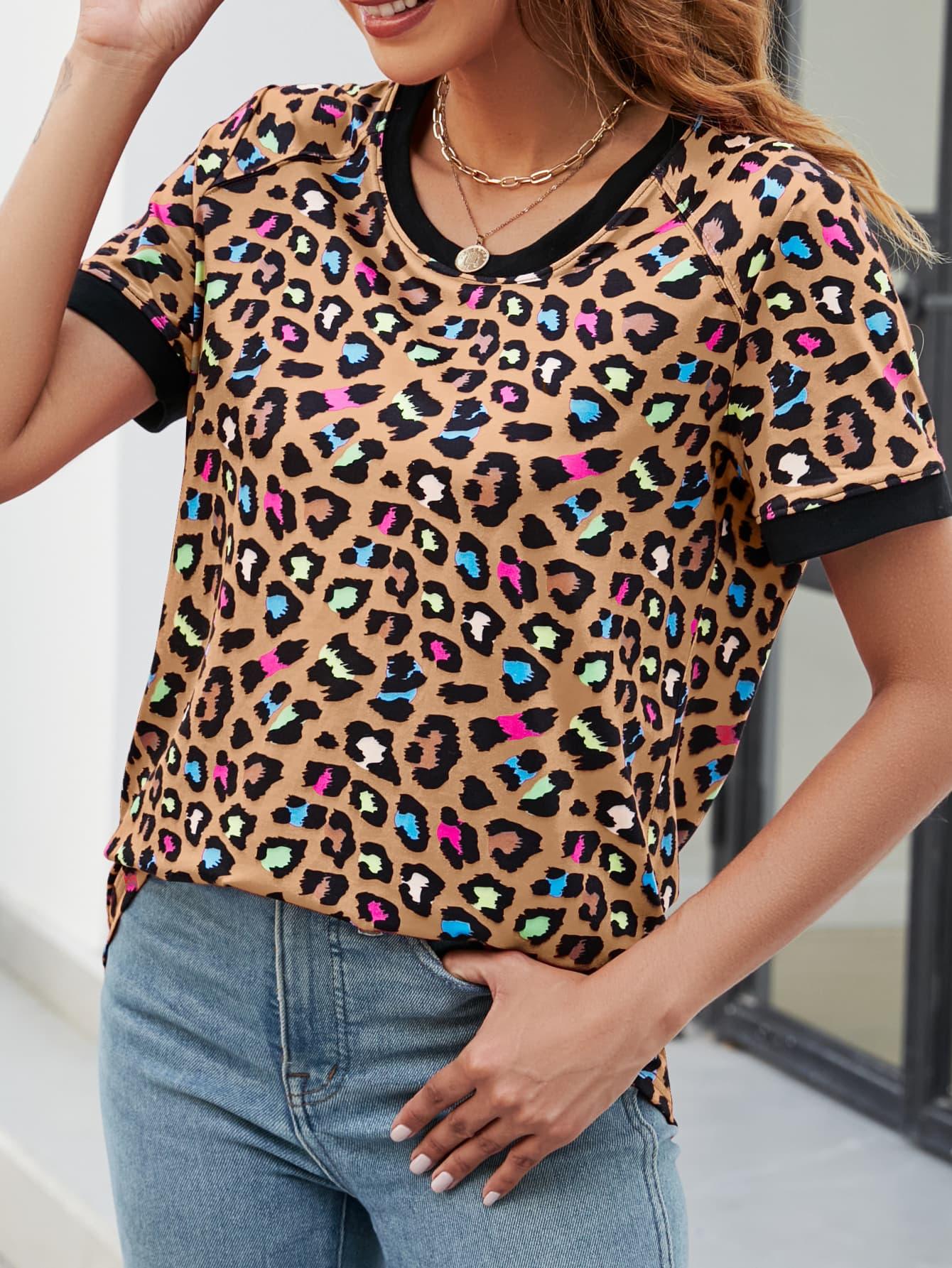 Leopard Print V-Neck Long T-Shirt With Stretchy Fabric - Southern Shores Clothing
