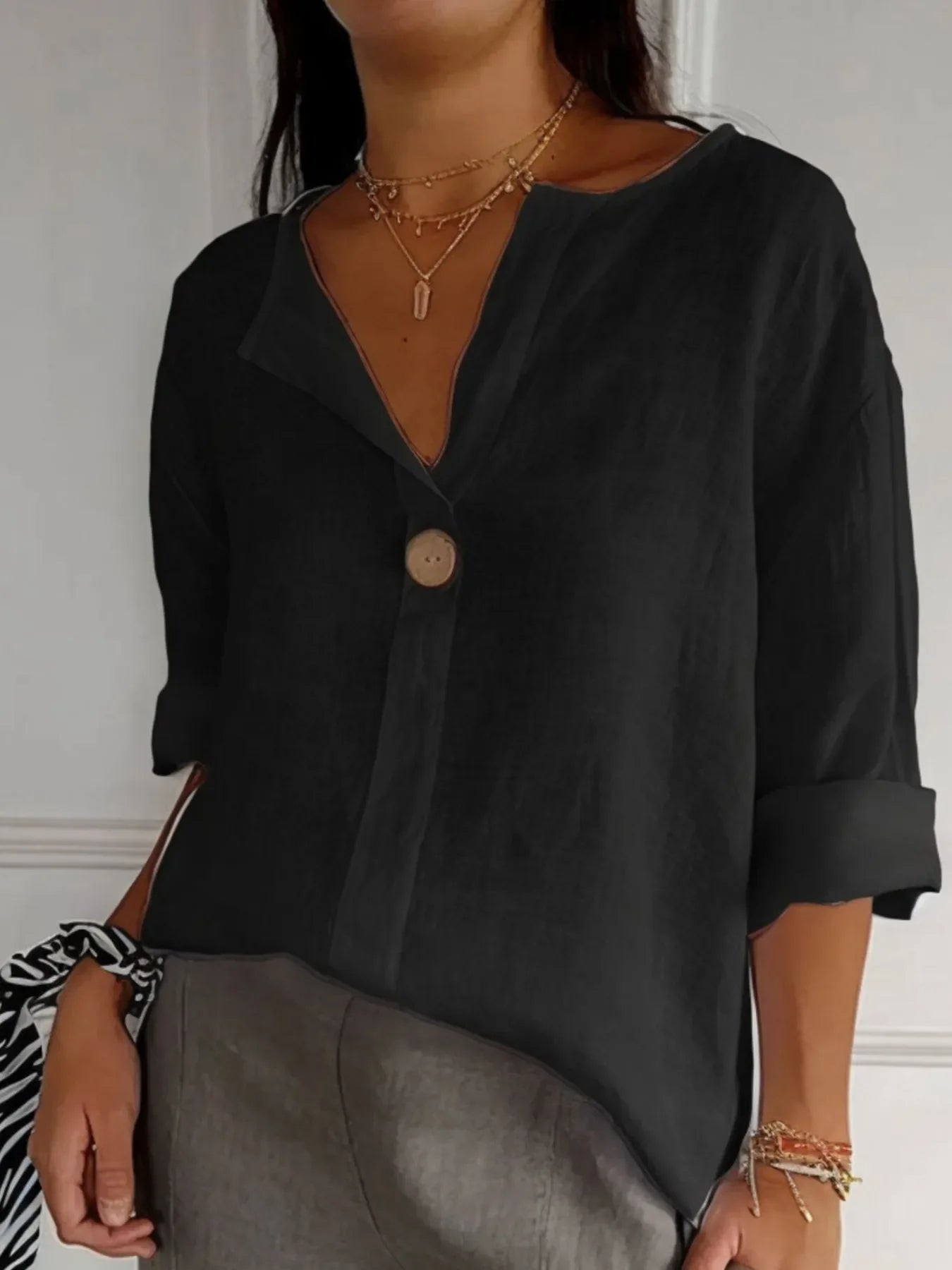 Plus Size Linen Blend Notched Blouse With Button Front - Southern Shores Clothing