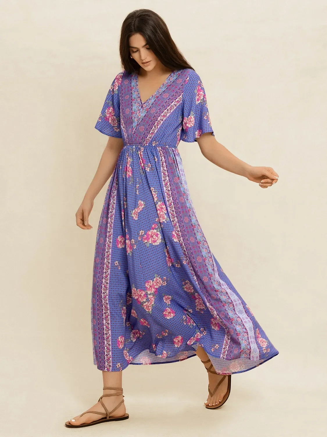 Printed Short Sleeve Midi Dress With Floral Pattern And V-Neck - Southern Shores Clothing