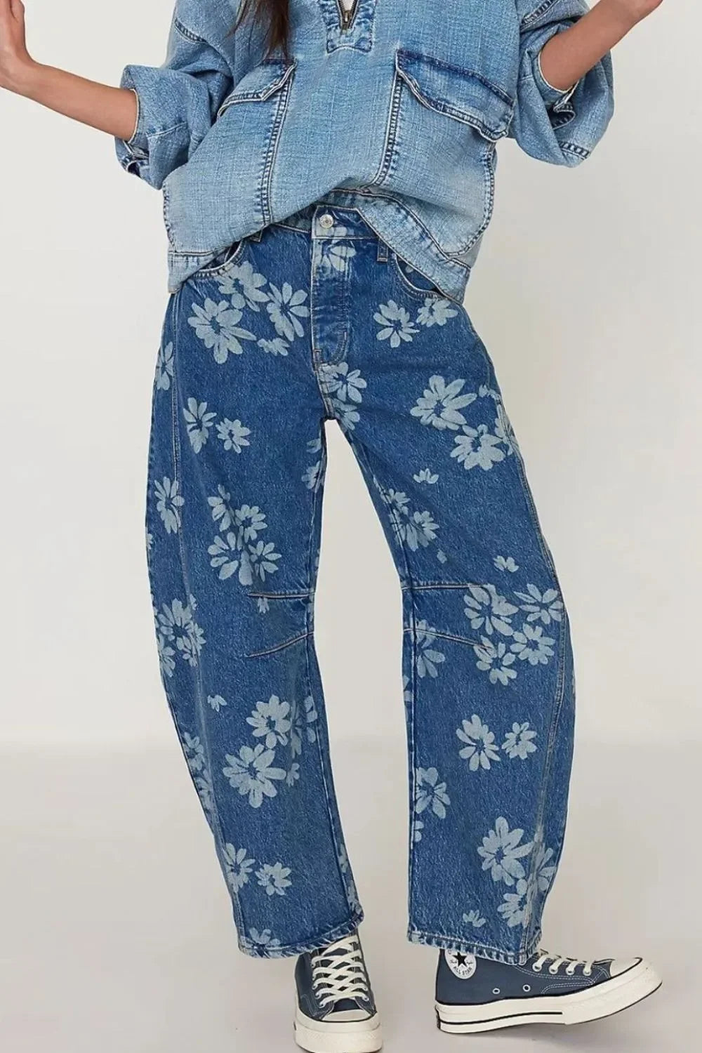 Denim Wide Leg Jeans With Ocean Flower Print - Southern Shores Clothing