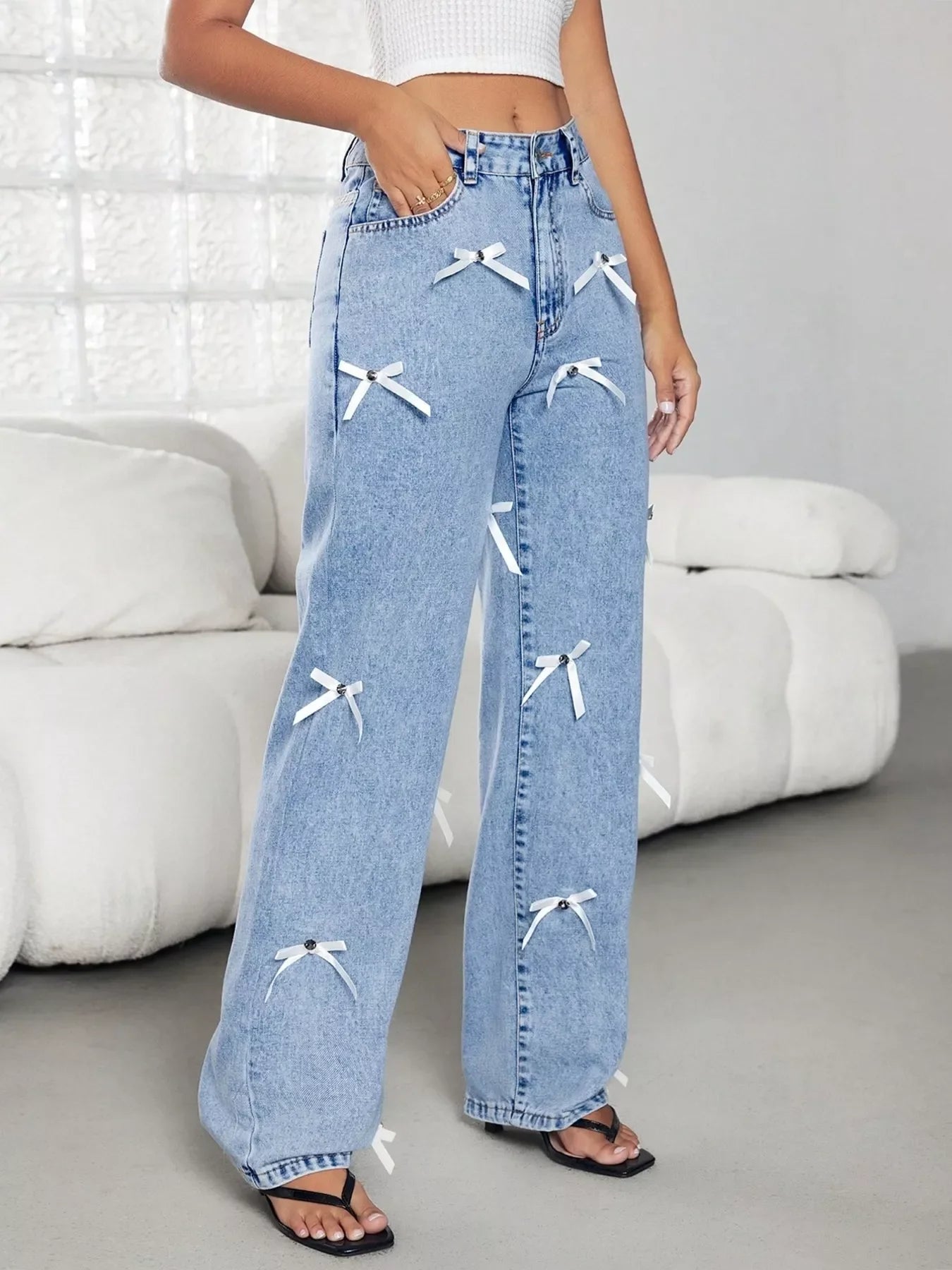 High Waist Wide Leg Denim Jeans With Coastal Bow Decor - Southern Shores Clothing