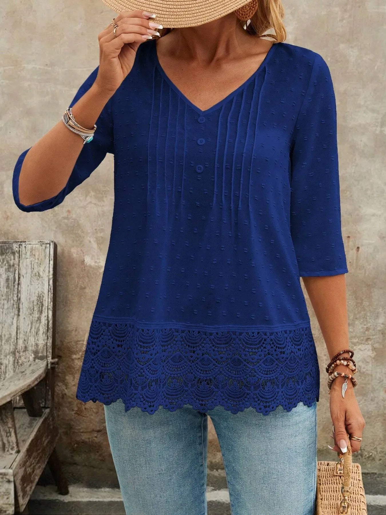 V-Neck Lace Hem Blouse With Decorative Button - Southern Shores Clothing