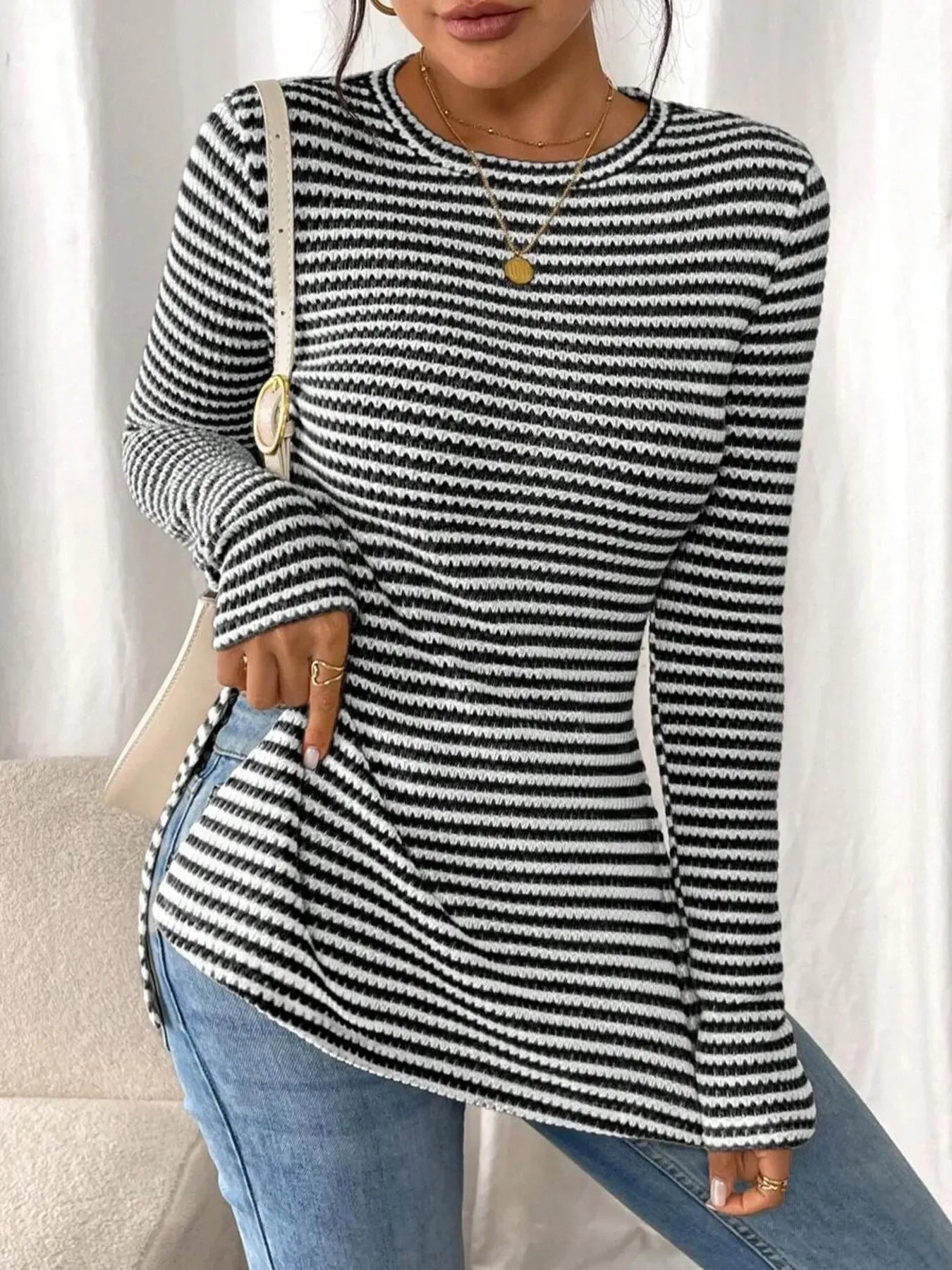 Side Slit Striped Long Sleeve T-Shirt - Southern Shores Clothing