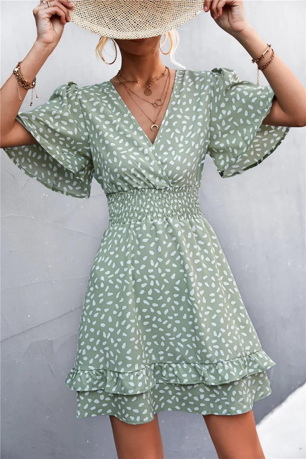 Printed Smocked Waist Layered Surplice Dress - Southern Shores Clothing