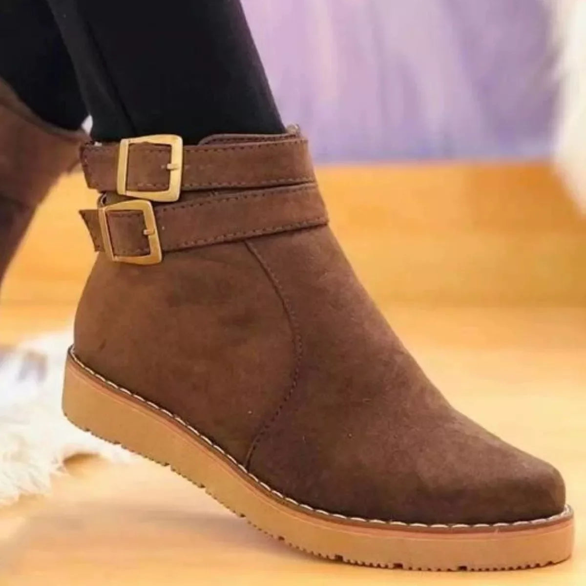 Buckle Accent Suede Ankle Boots With Rubber Sole - Southern Shores Clothing