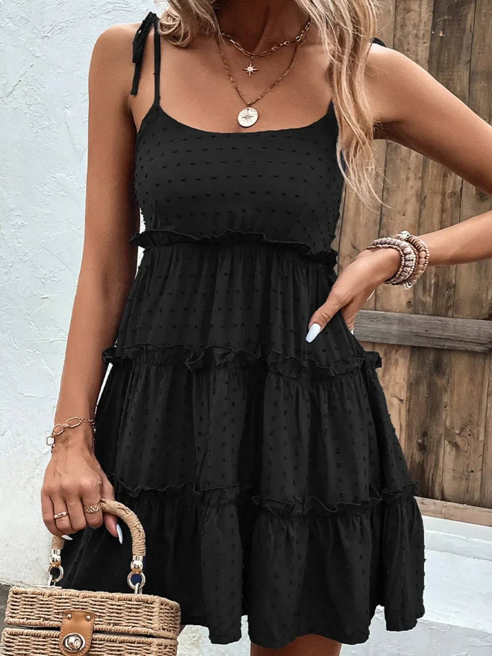 Shiny Frill Spaghetti Strap Tiered Dress - Southern Shores Clothing