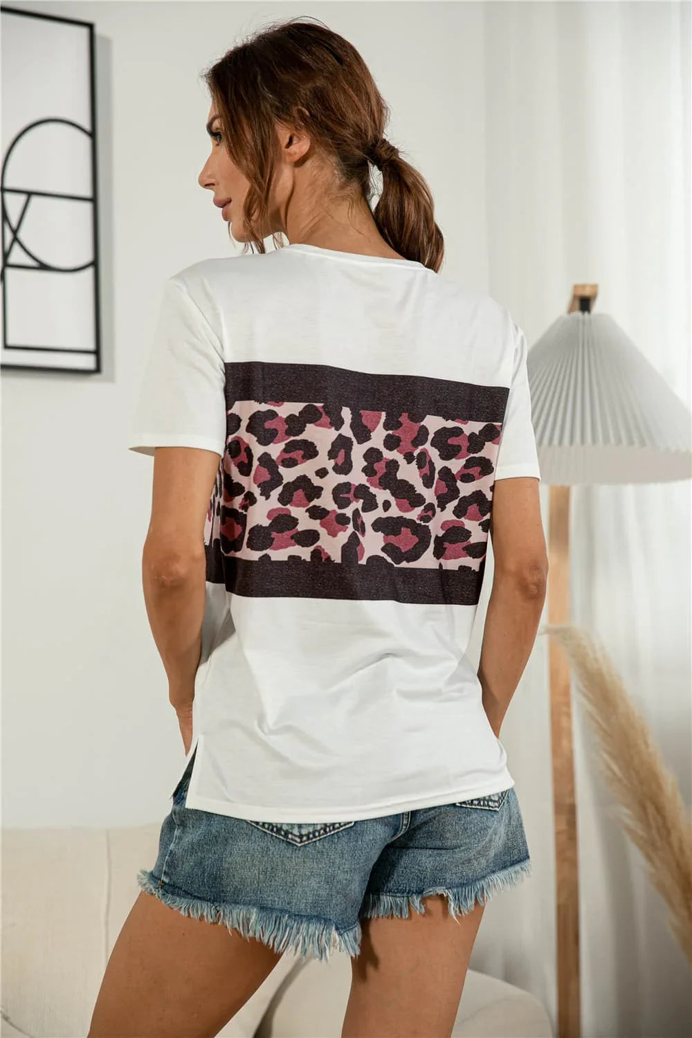 Leopard Print Side Slit Long T Shirt Round Neck Short Sleeve - Southern Shores Clothing