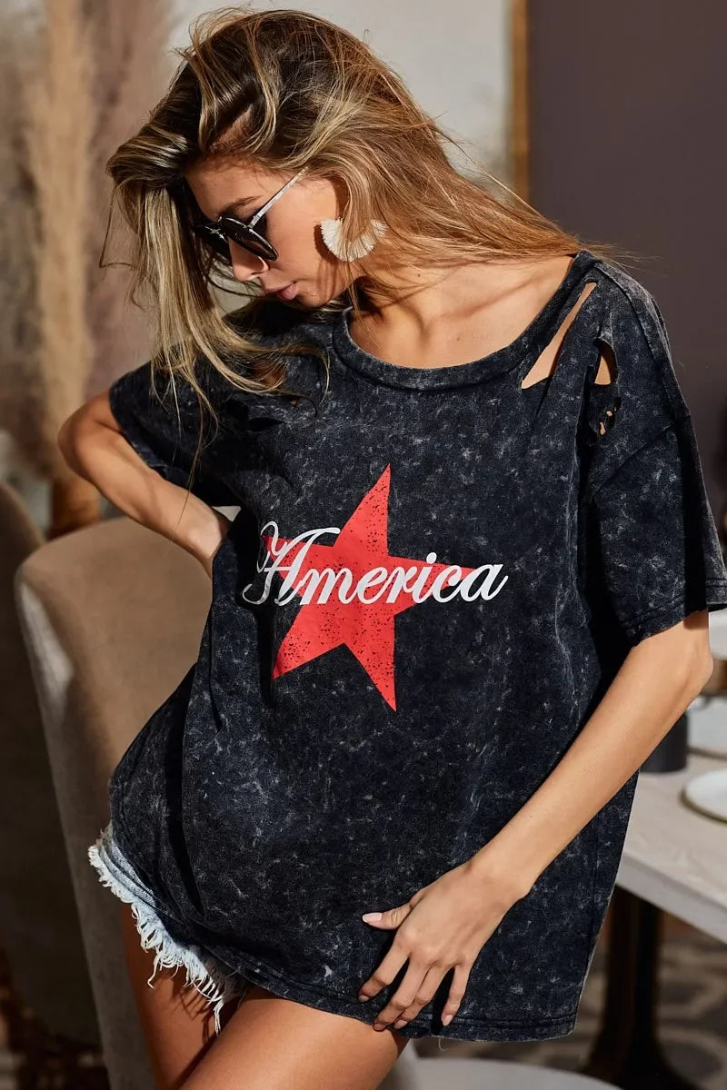 Laser Cut Mineral Washed Jersey T Shirt Americana Design - Southern Shores Clothing
