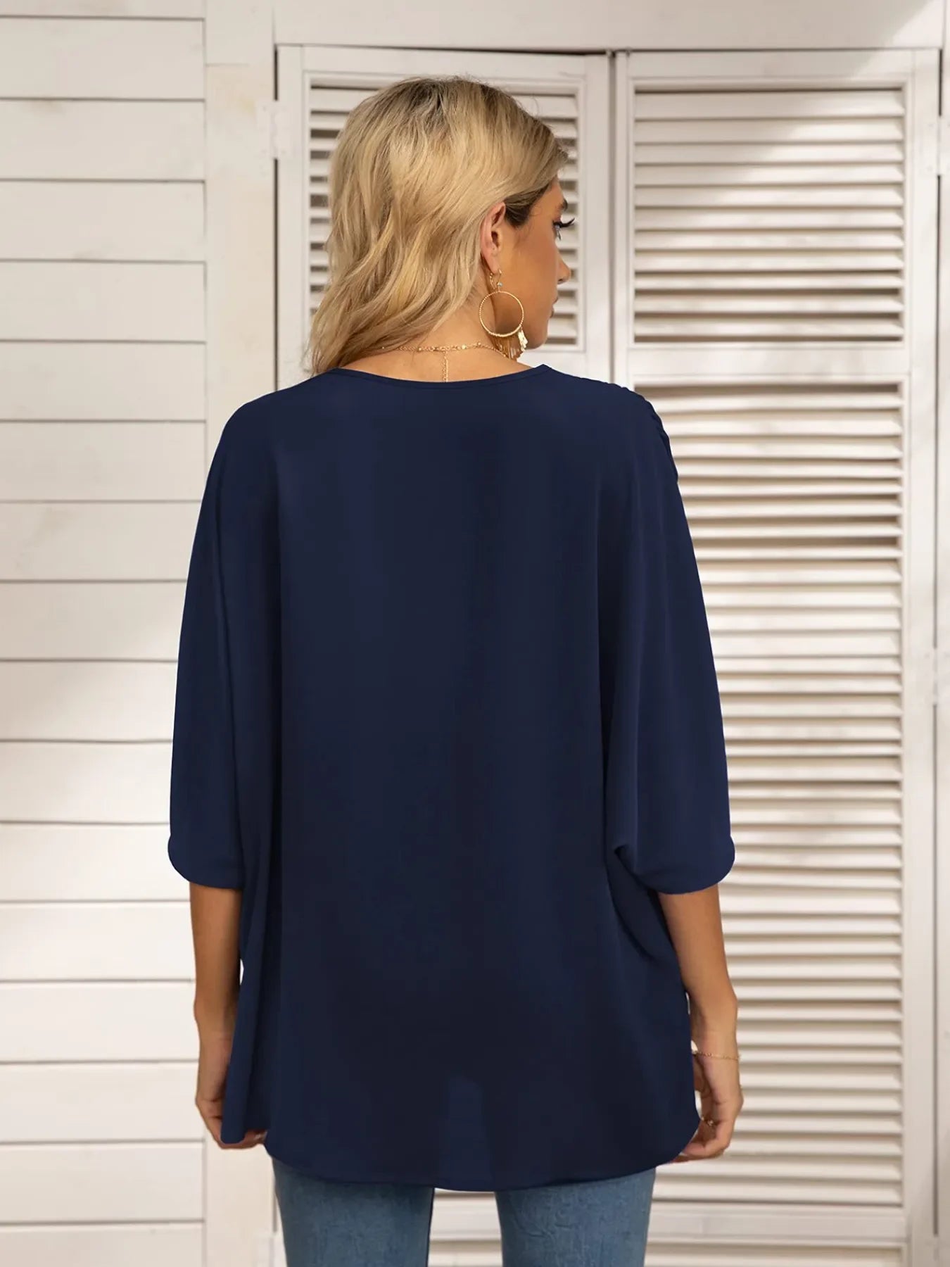 Printed Trim V-Neck Batwing Sleeve Blouse - Southern Shores Clothing