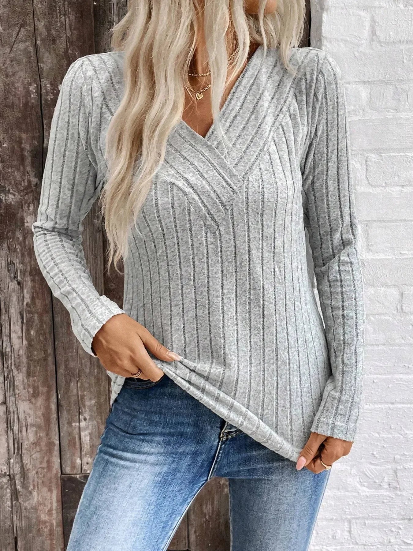 Ribbed V-Neck Long Sleeve Knit T-Shirt - Southern Shores Clothing
