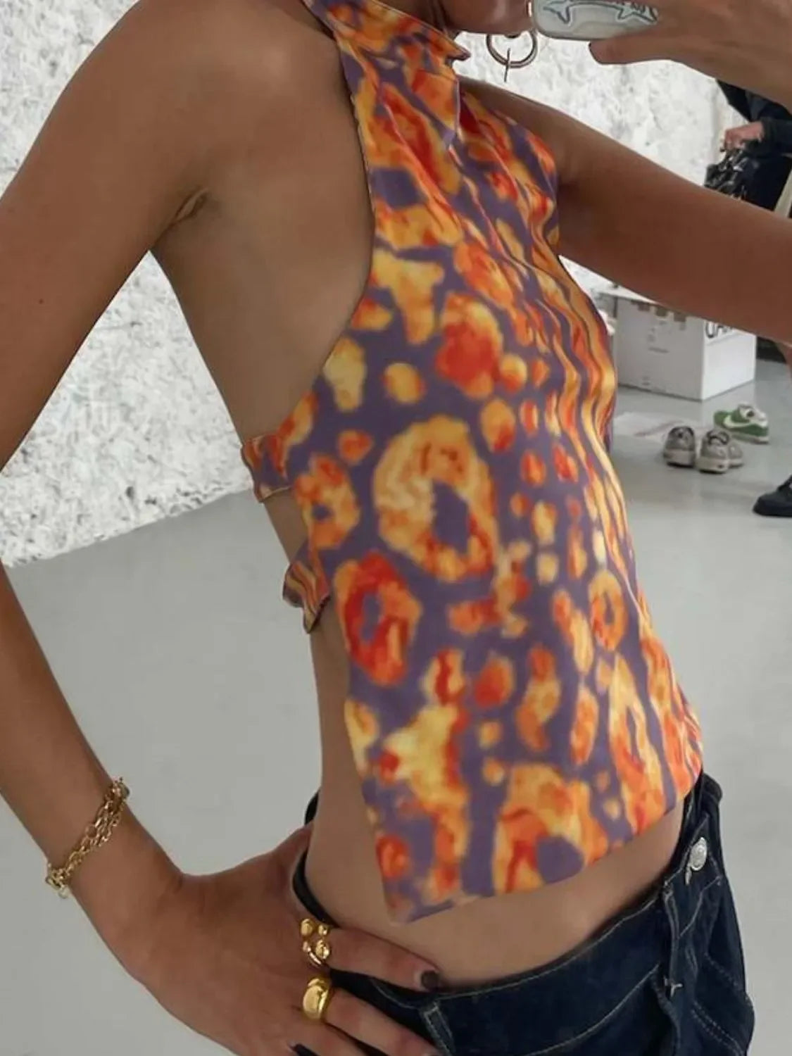 Backless Printed Halter Neck Tank Top With Slight Stretch - Southern Shores Clothing