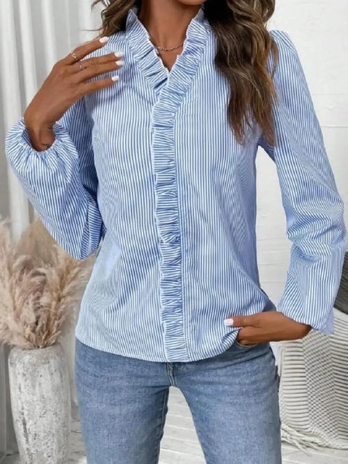 Striped V-Neck Long Sleeve Frill Blouse - Southern Shores Clothing