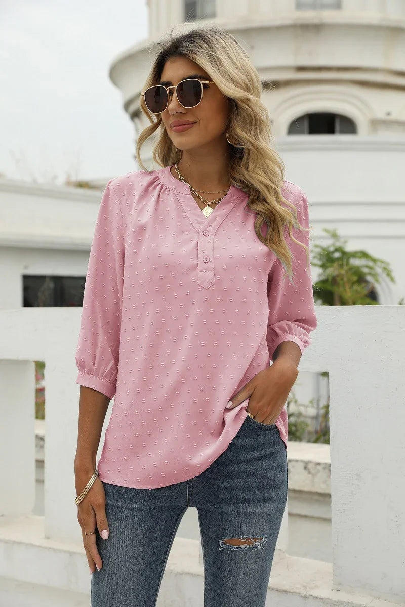 Swiss Dot Notched Neck Three-Quarter Sleeve Blouse - Southern Shores Clothing
