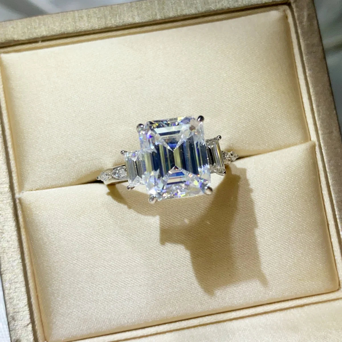 Emerald-Cut Moissanite Ring 5 Carat Platinum-Plated Finish Band - Southern Shores Clothing