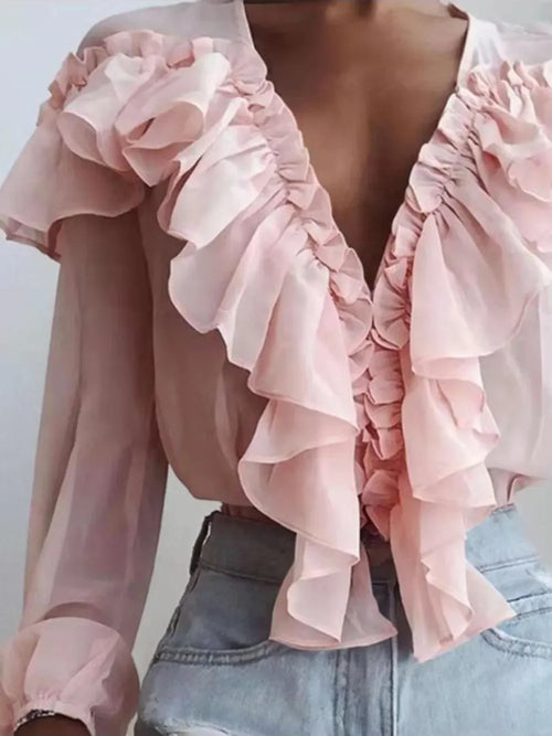 Elegant Ruffled V Neck Long Sleeve Polyester Blouse - Southern Shores Clothing