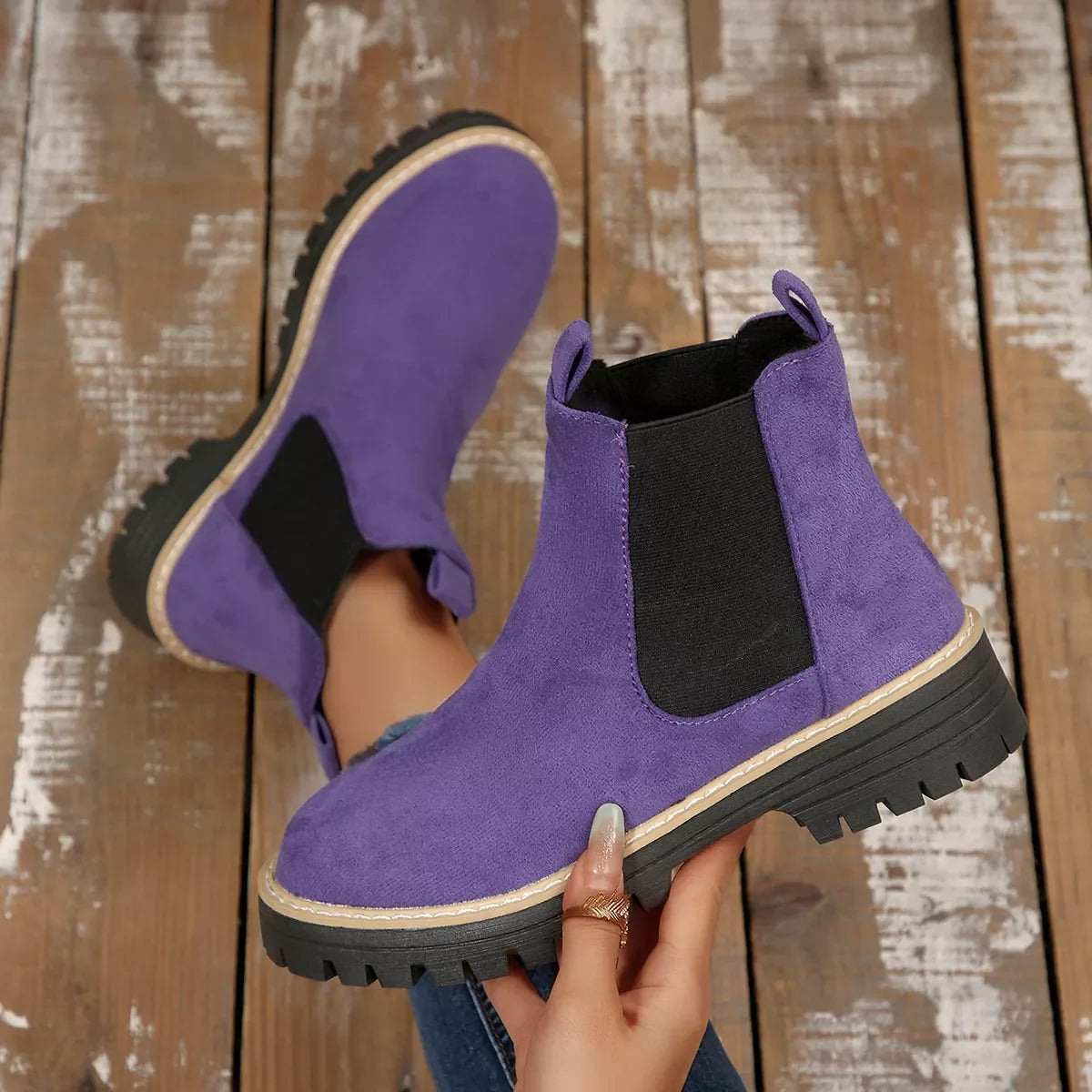 Round Toe Block Heel Boots Suede And Rubber - Southern Shores Clothing