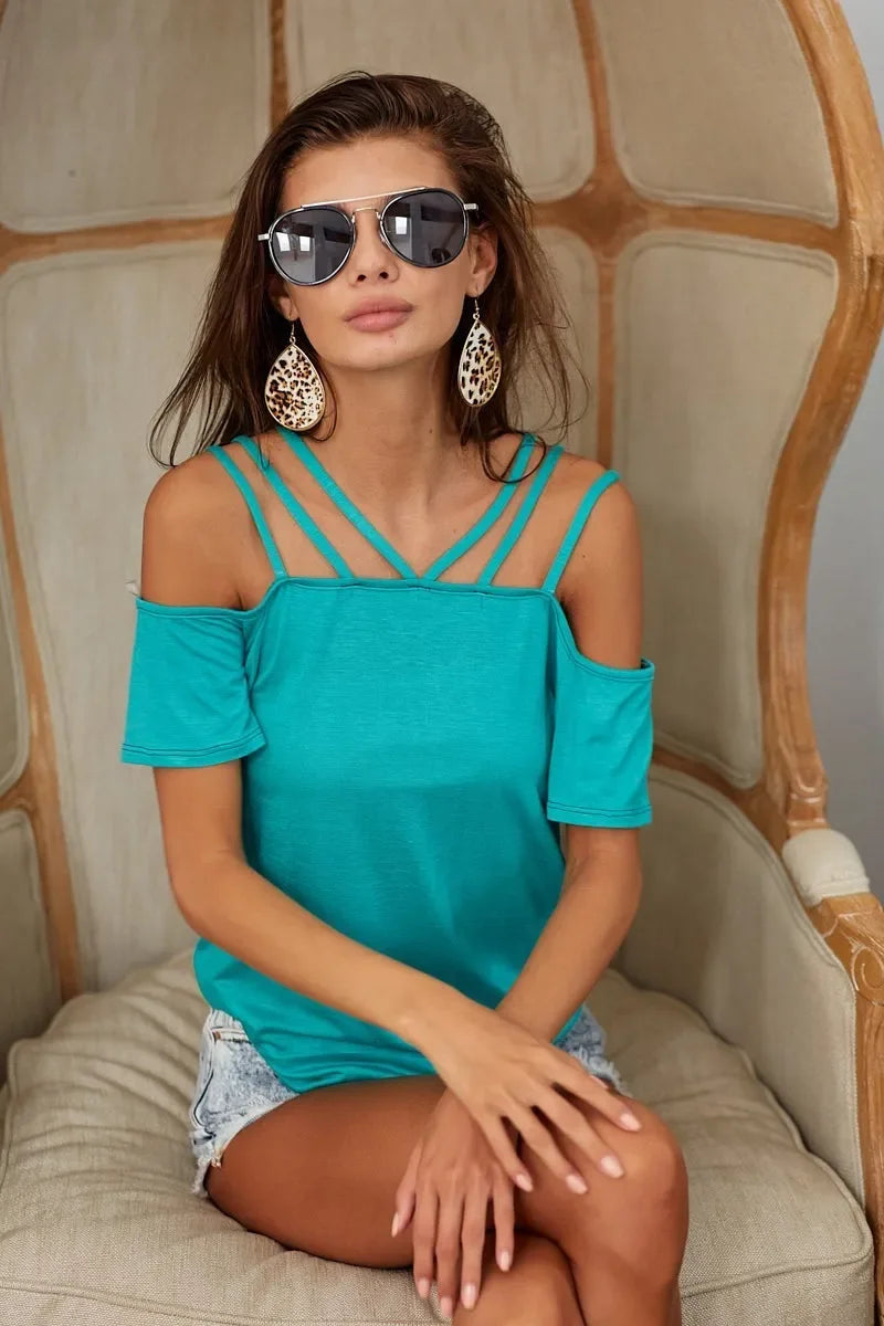 Lace Up Shoulder Detailed Stretchy T Shirt Top - Southern Shores Clothing