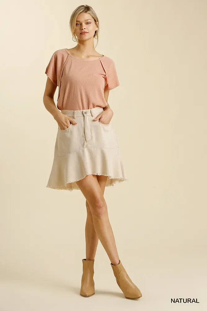 Linen Blend High-Low Skirt Frayed Hem Five Pockets - Southern Shores Clothing