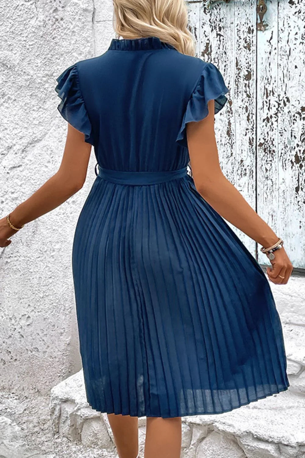 Perfee Tie Neck Belted Pleated Dress - Southern Shores Clothing