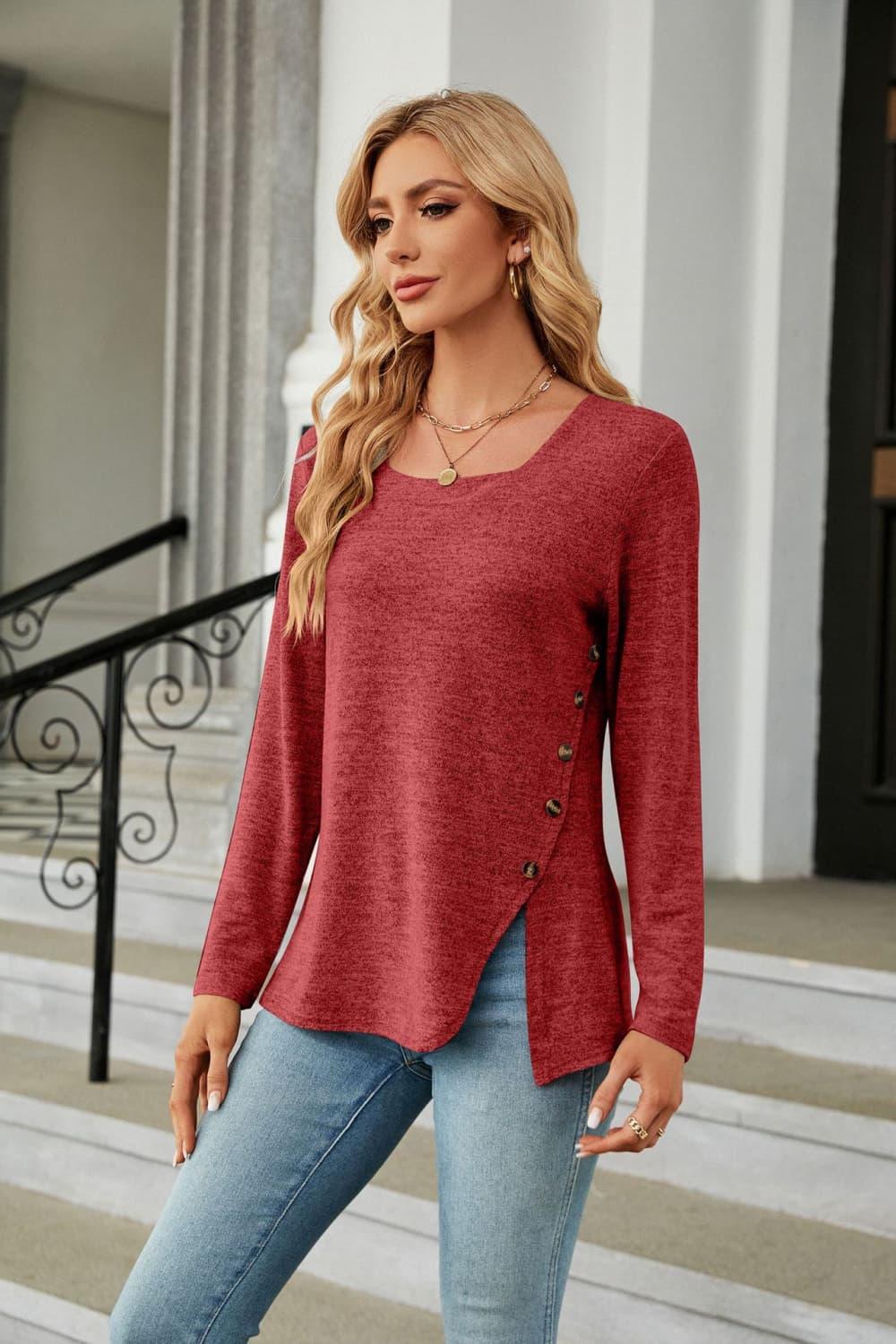 Square Neck Long Sleeve Slit Stretchy T Shirt - Southern Shores Clothing