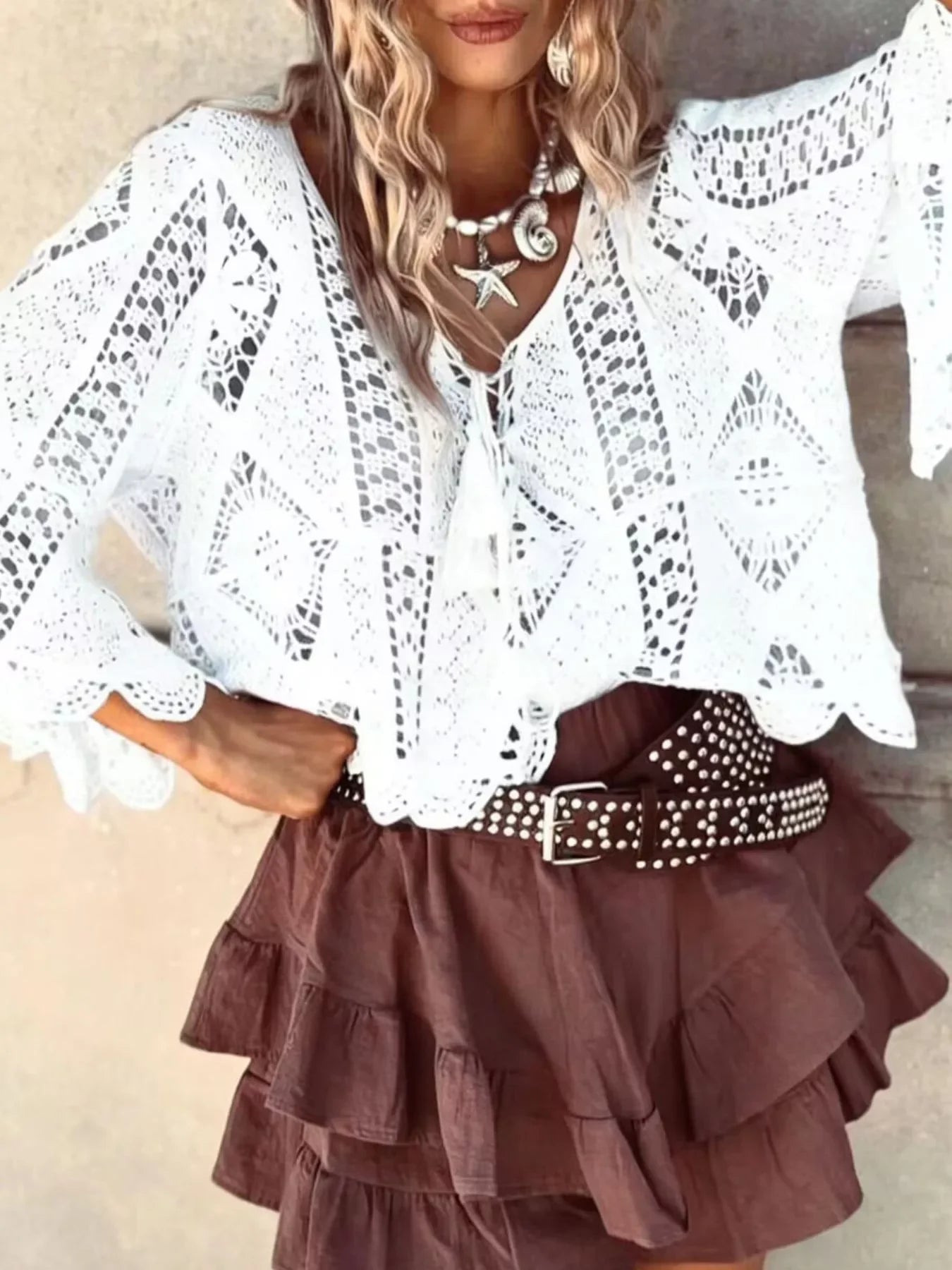 Lace Tassel V-Neck Crochet Knit Top With Openwork Boho Style - Southern Shores Clothing