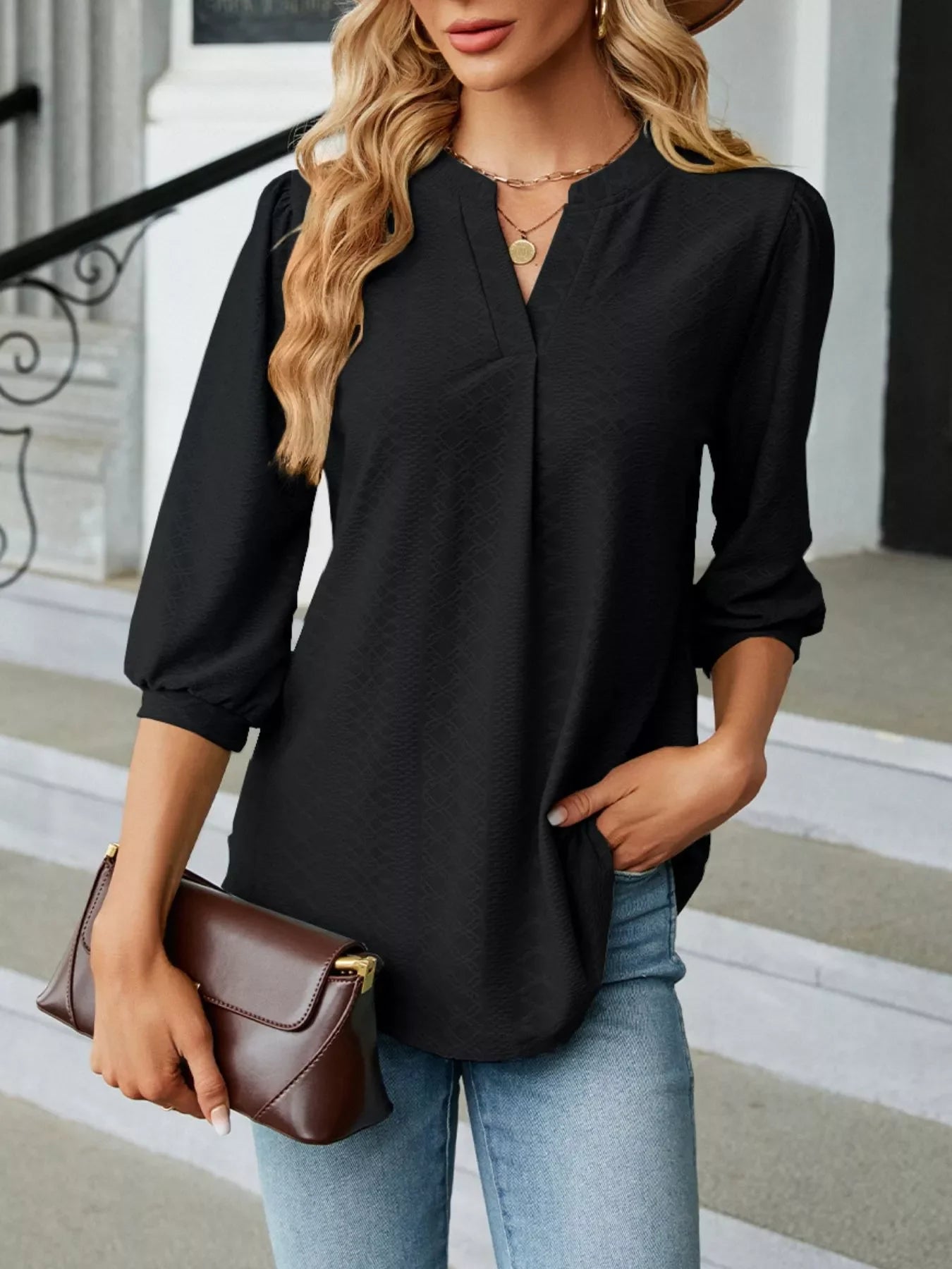 Notched 3/4 Sleeve Casual Top - Southern Shores Clothing