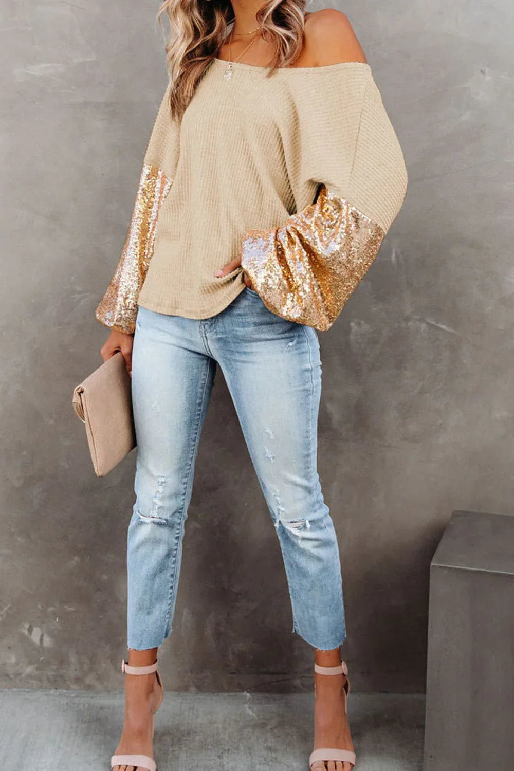 Southern Shores Clothing Sequin Waffle Knit Blouse In 100 Percent Polyester Fabric For Everyday Wear - Southern Shores Clothing