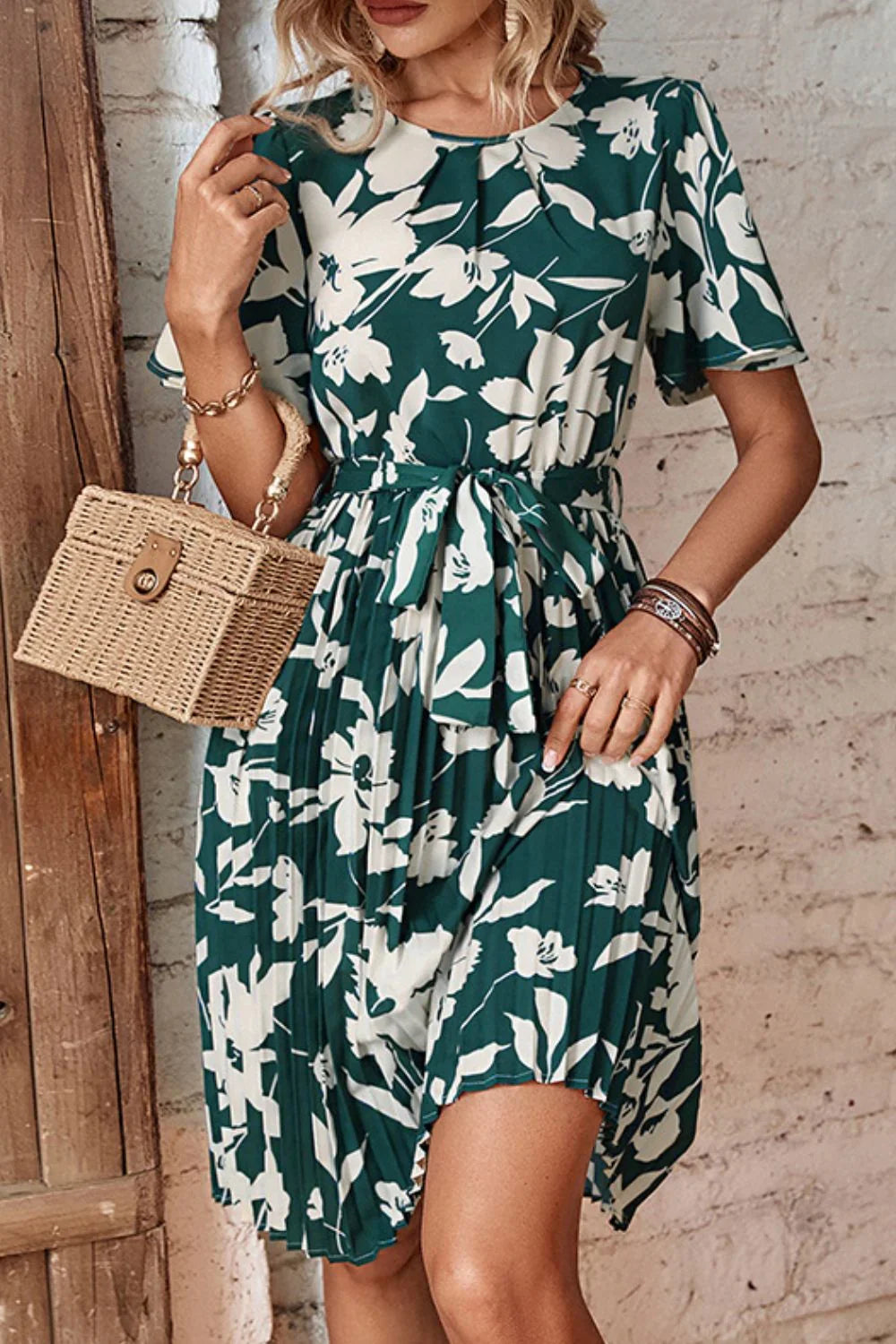 Floral Round Neck Tie Belt Pleated Dress - Southern Shores Clothing