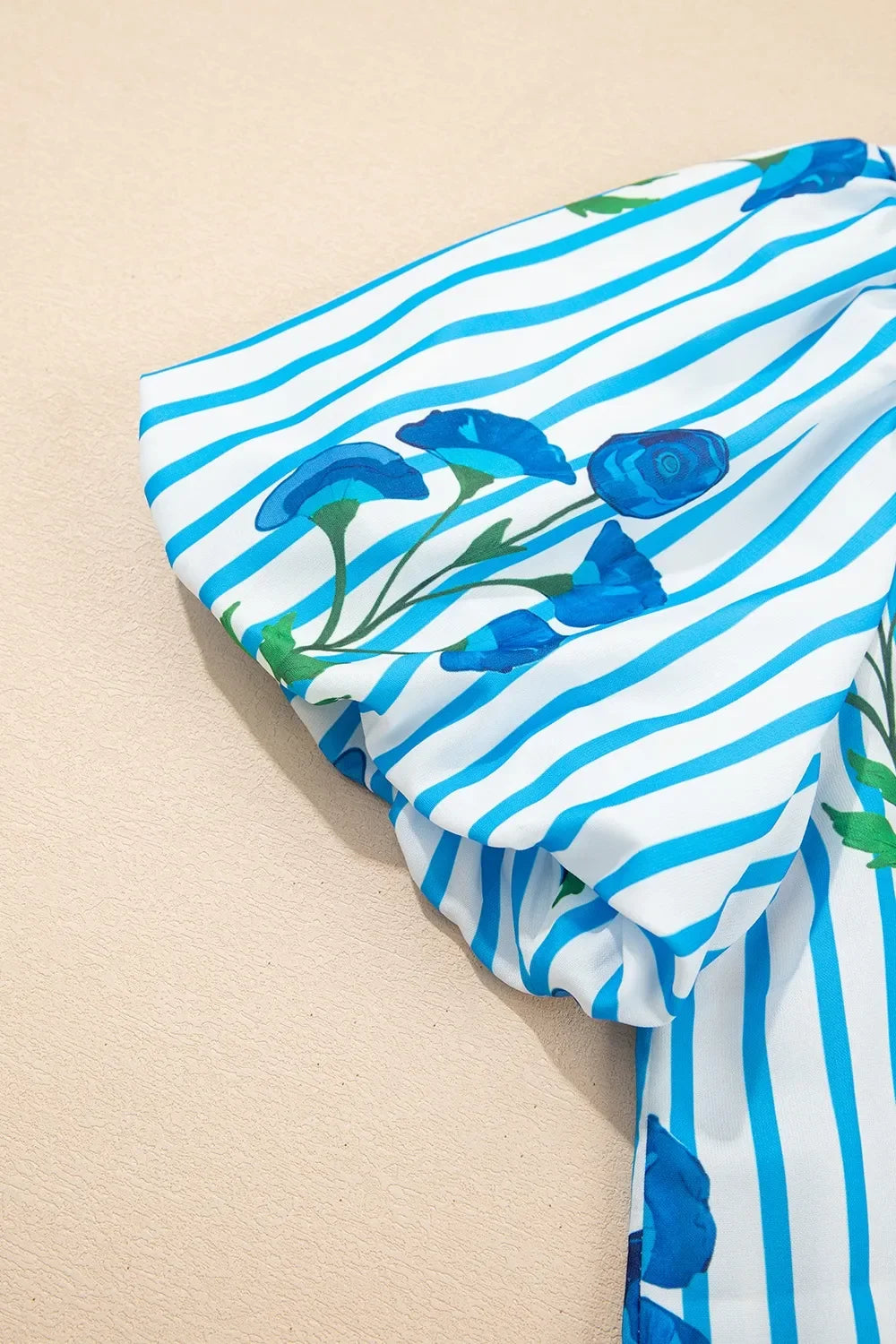 Striped Floral Notched Neck Puff Sleeve Blouse - Southern Shores Clothing