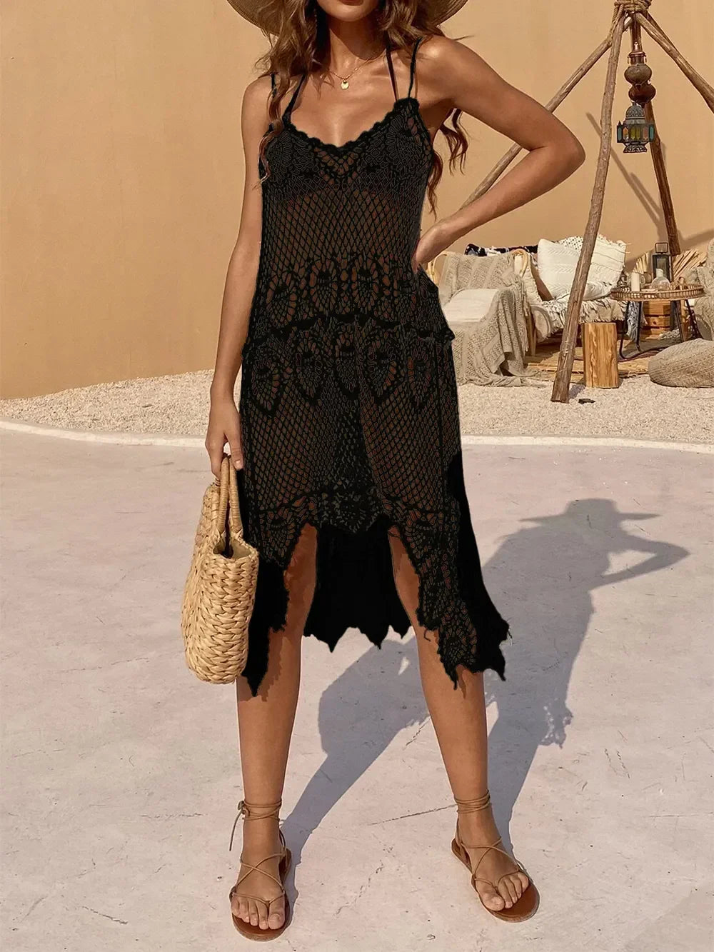 Sheer Openwork Spaghetti Strap Cover-Up Dress One Size - Southern Shores Clothing