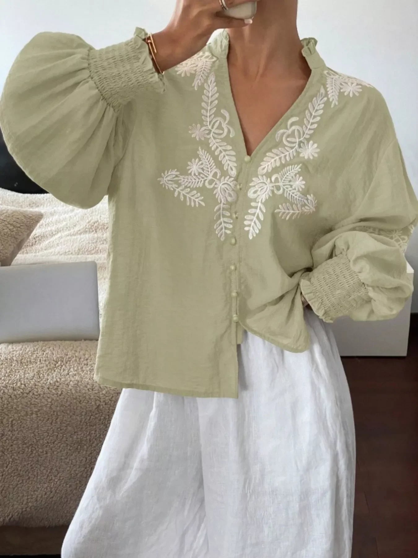 Southern Shores Elegant Embroidered Long Sleeve Buttoned Polyester Blouse With Je T'aime Design - Southern Shores Clothing