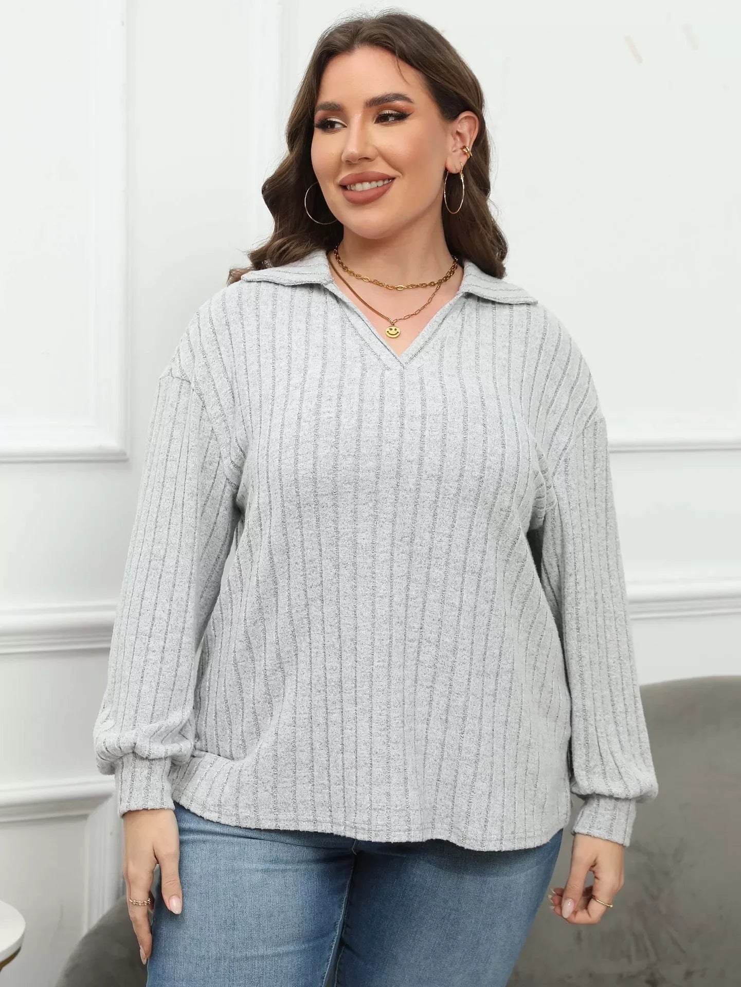 Plus Size Ribbed Knit Polo Collar T Shirt - Southern Shores Clothing