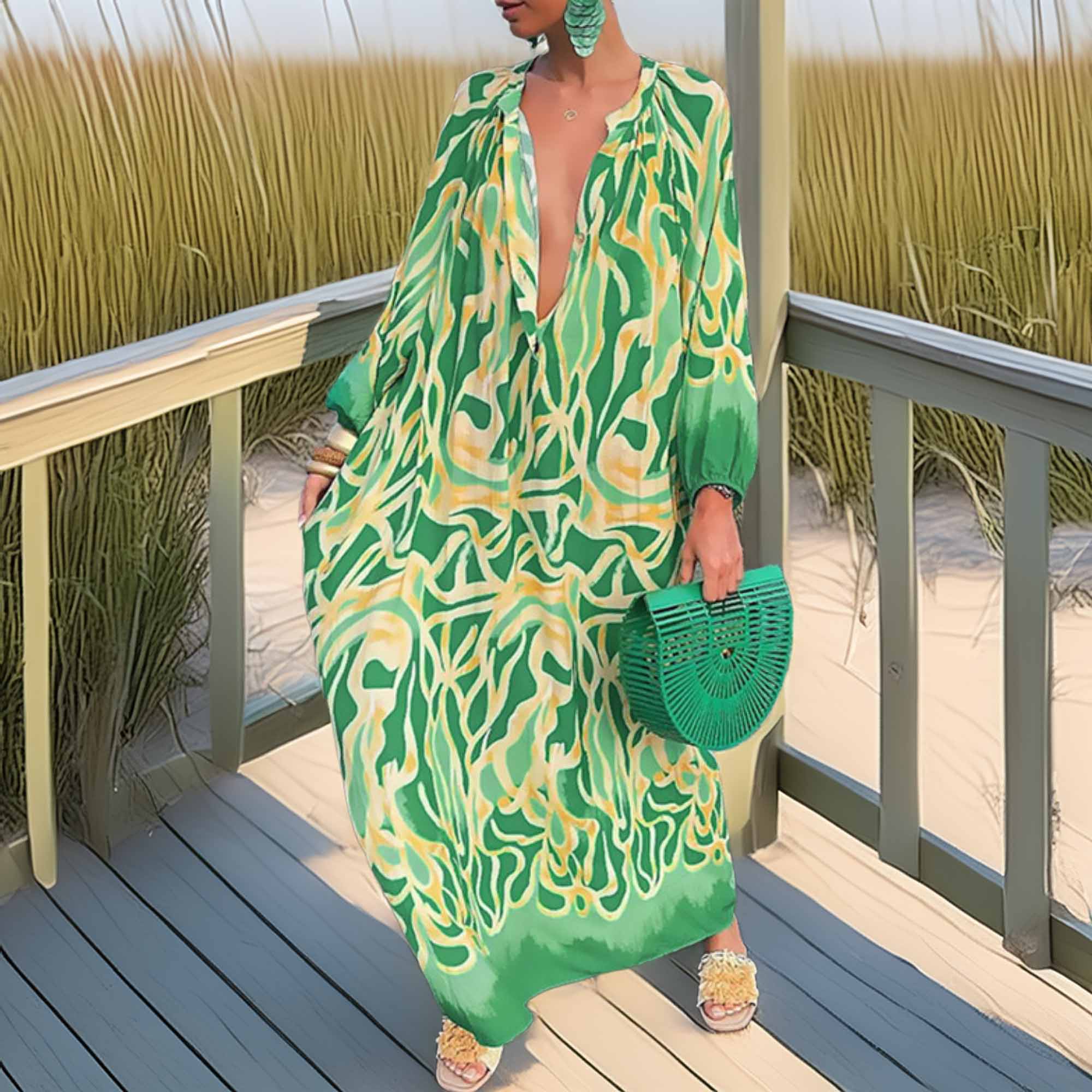 Abstract Print Buttoned Balloon Sleeve Dress