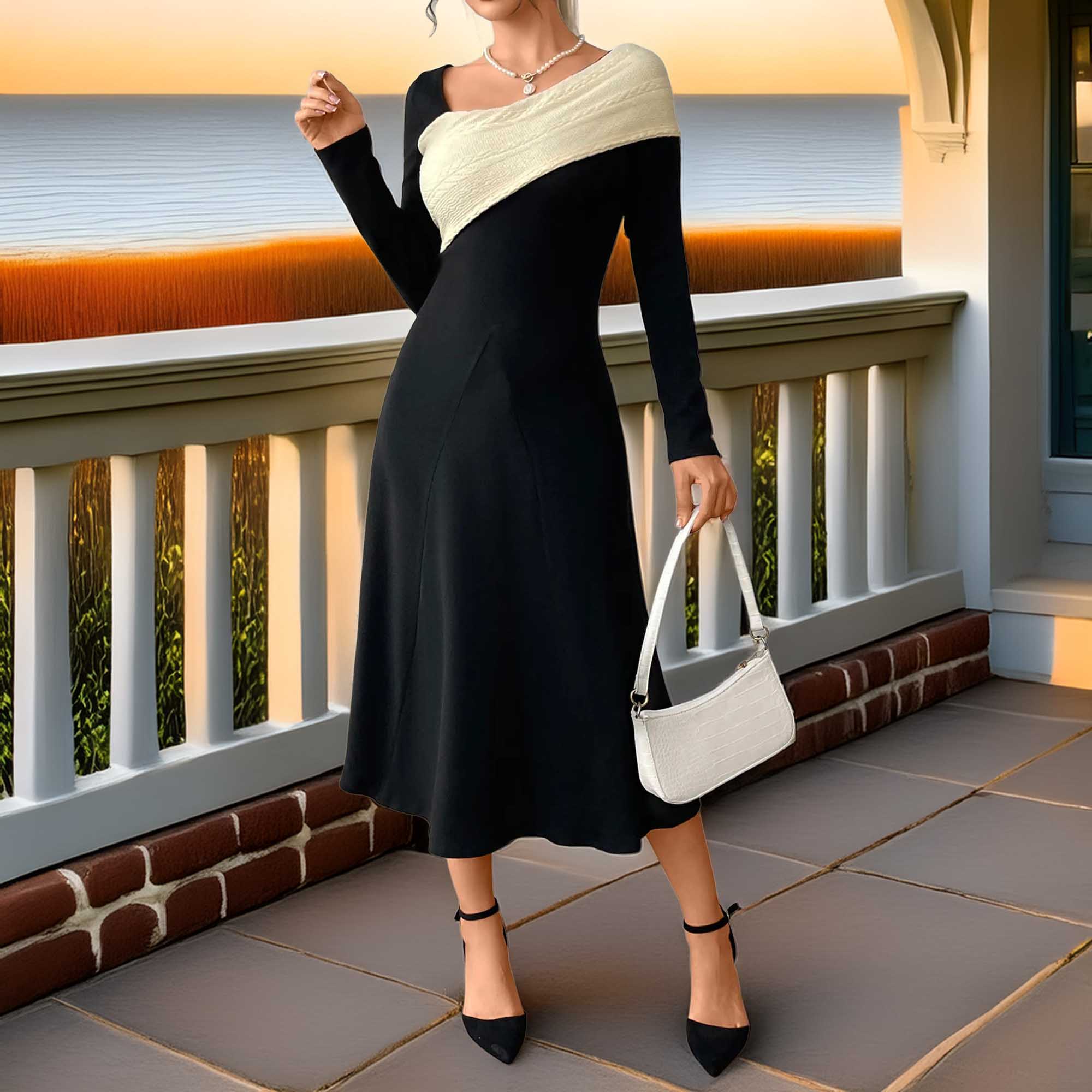 Asymmetrical Contrast Long Sleeved Driftwood Dress