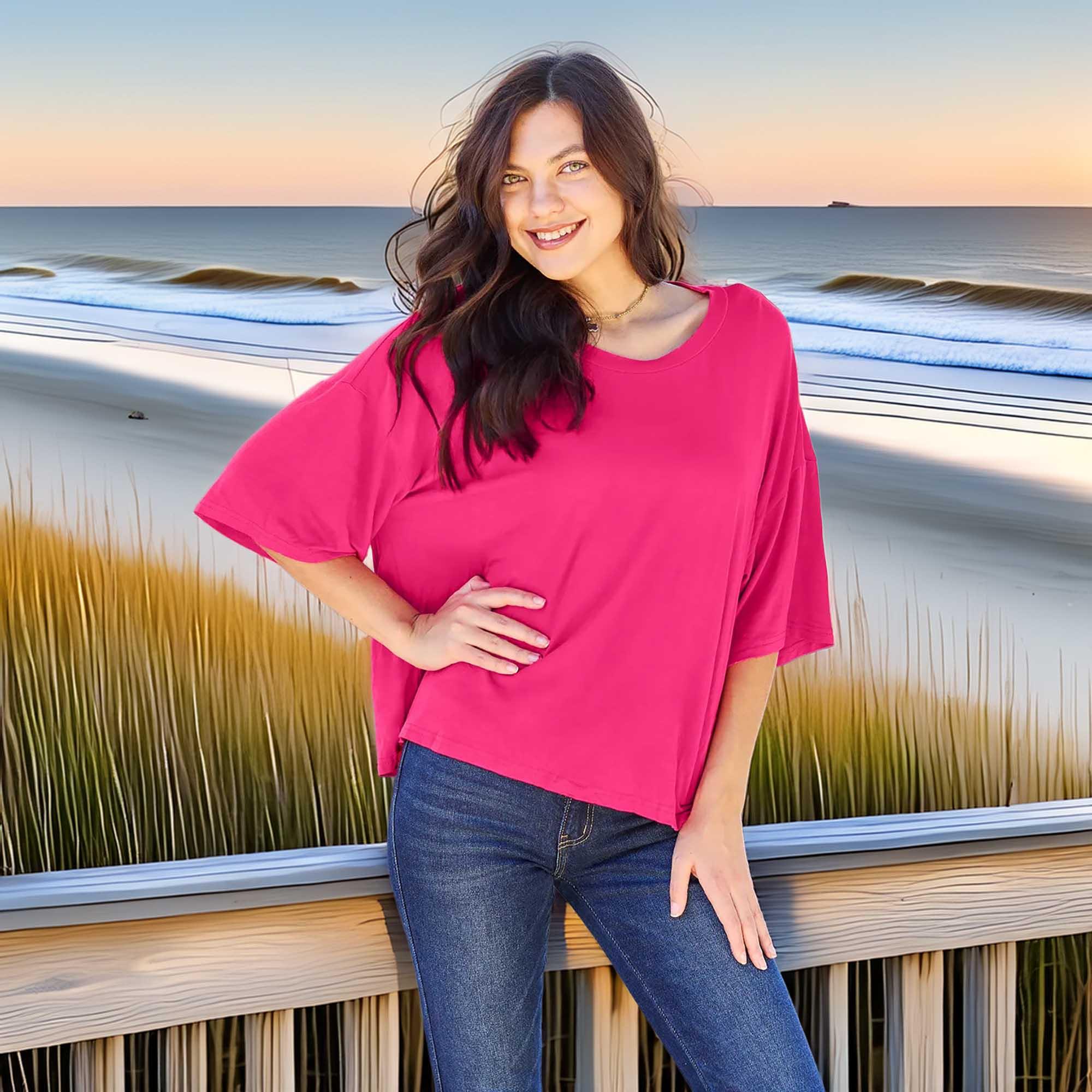 Basic Round Neck Drop Shoulder Tee Top for Layering - Southern Shores Clothing