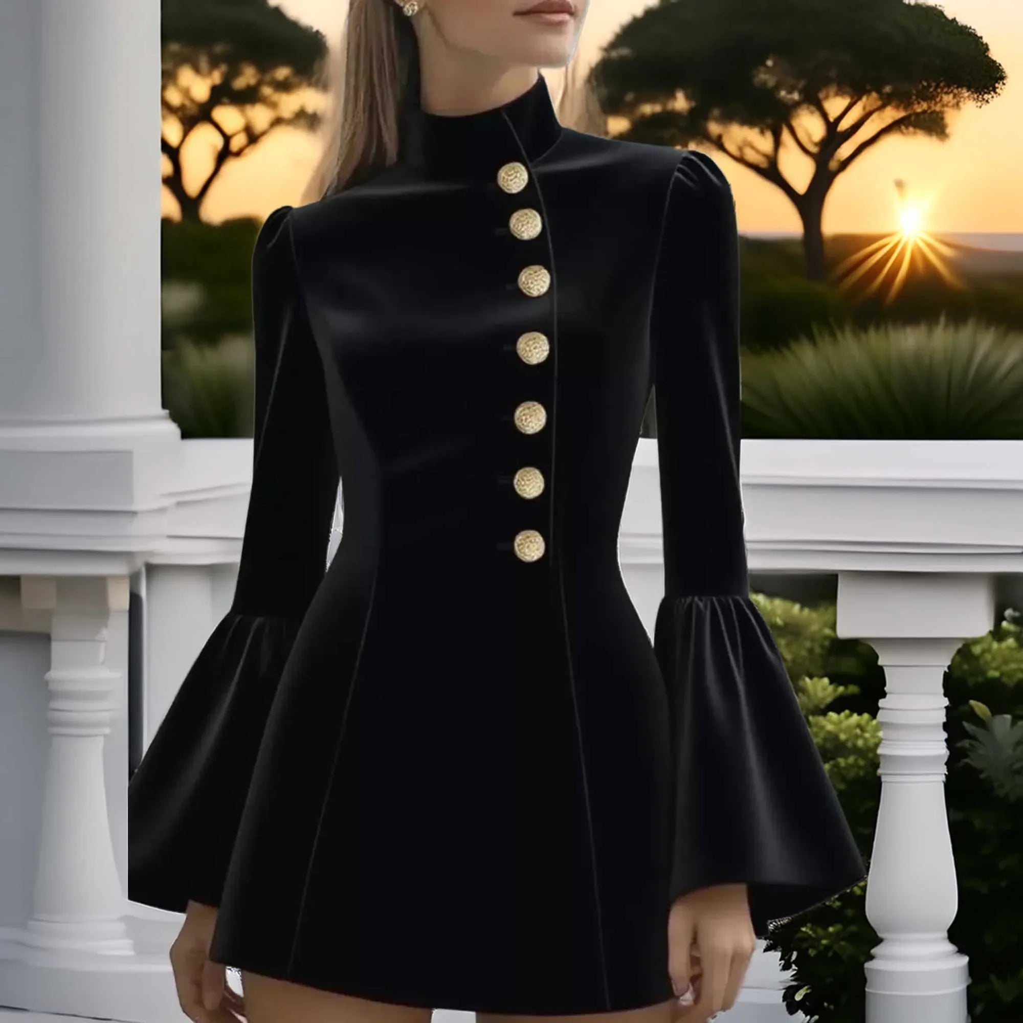 Bell Sleeve Mini Dress With Front Button - Southern Shores Clothing
