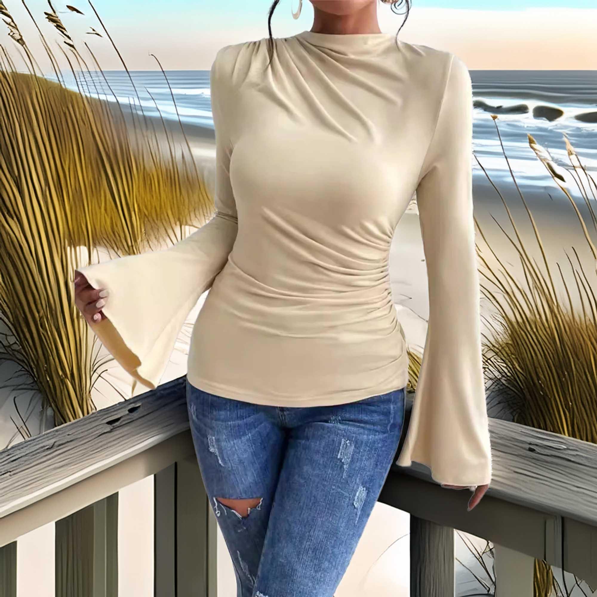 Bell Sleeve Ruched Fitted T-Shirt with Mock Neck - Southern Shores Clothing