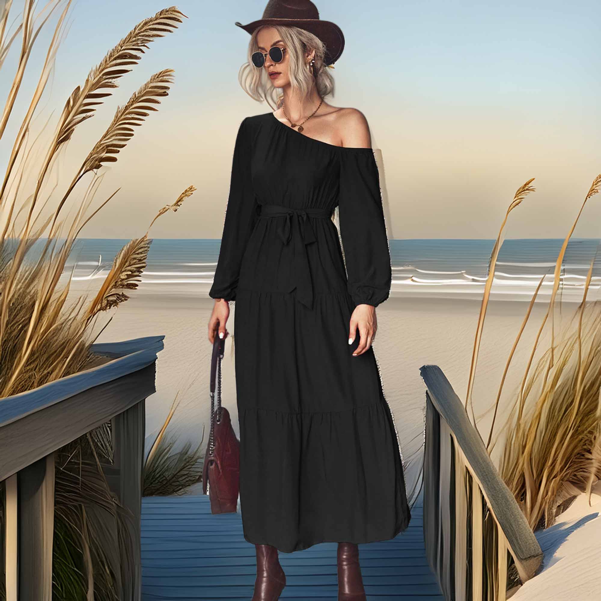 Belted One-Shoulder Tiered Maxi Dress