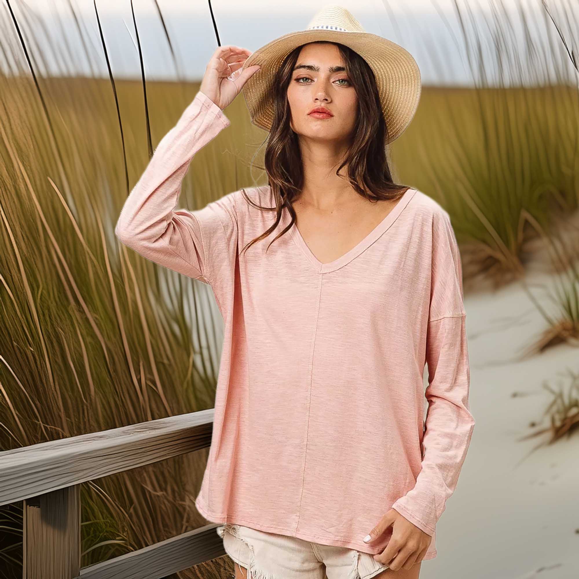 BiBi Exposed Seam V-Neck Long Sleeve T-Shirt