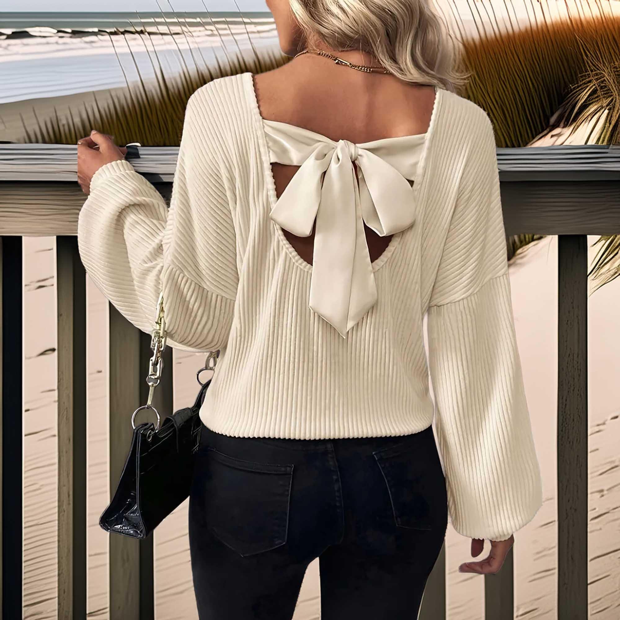 V Neck Bow Back T Shirt With Drop Shoulder Relaxed Fit - Southern Shores Clothing