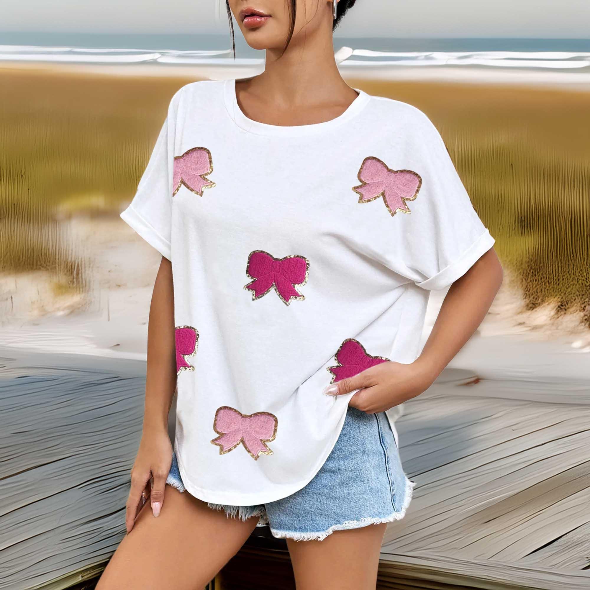 Oversized Bow Round Neck T Shirt With Applique - Southern Shores Clothing