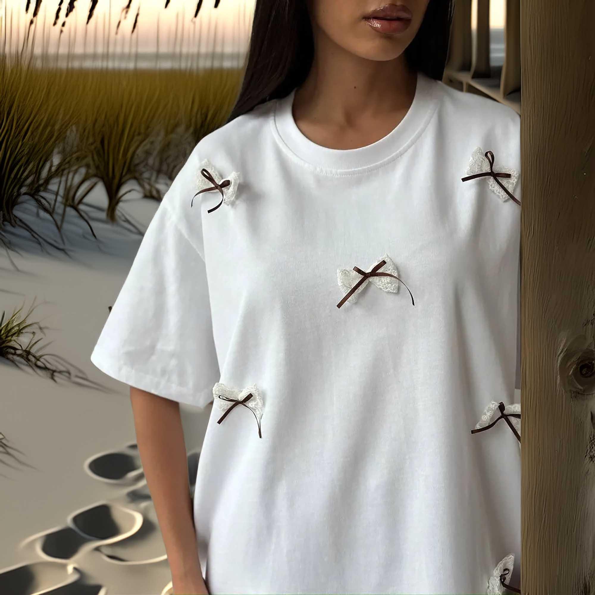 Bow Round Neck Oversized T Shirt With Lace Polyester - Southern Shores Clothing