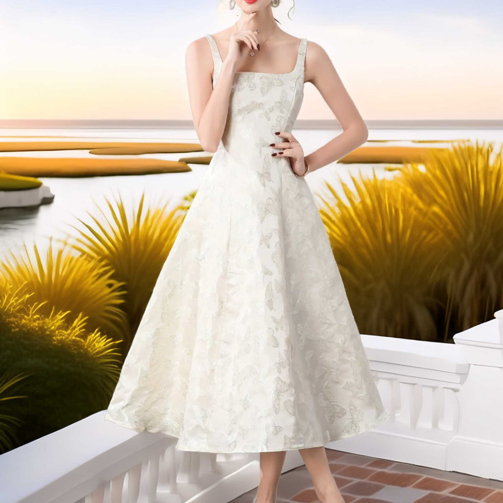 Butterfly Pattern A-Line Sleeveless Midi Mariner Dress