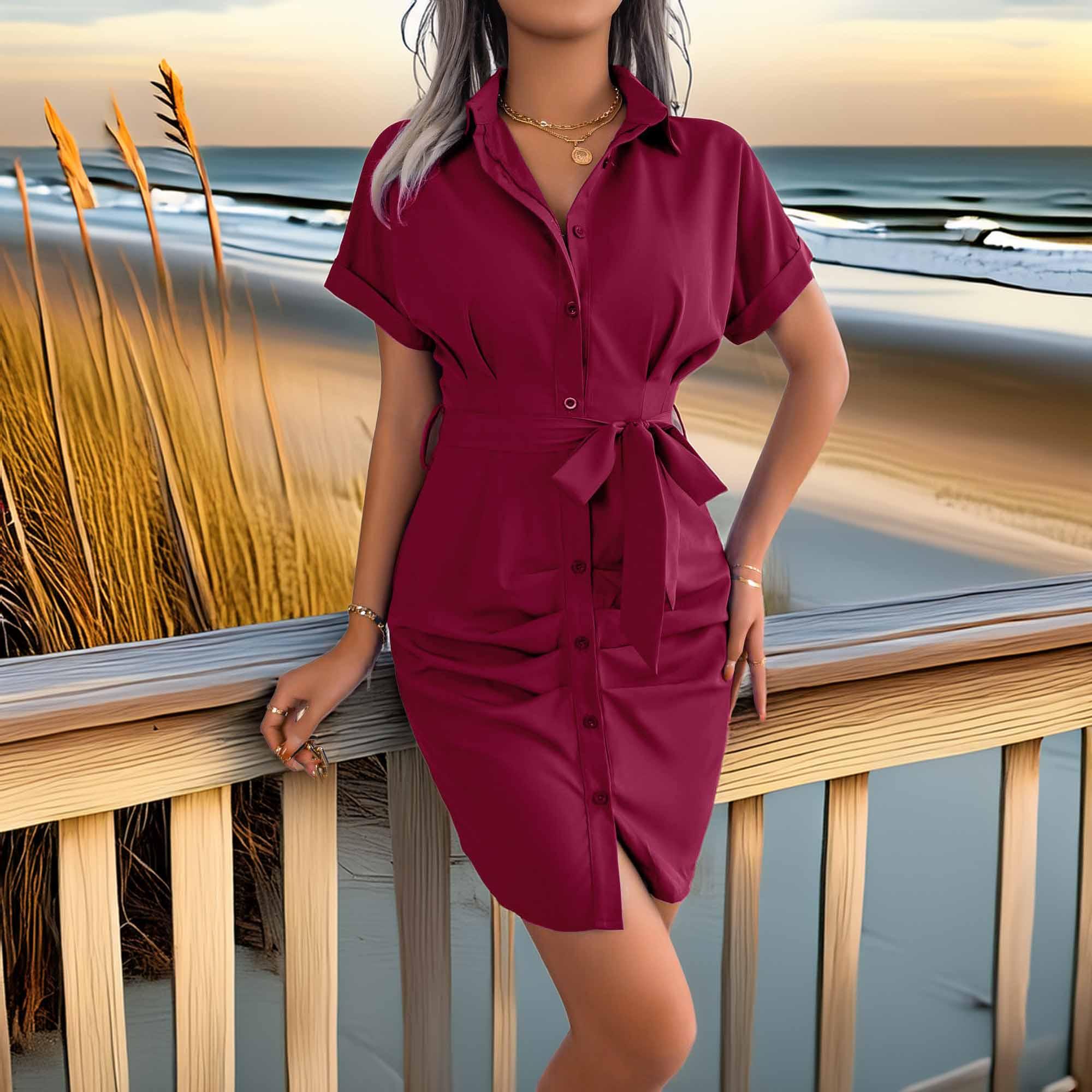 Button Down Ruched Tie Belt Dress For Everyday Wear - Southern Shores Clothing